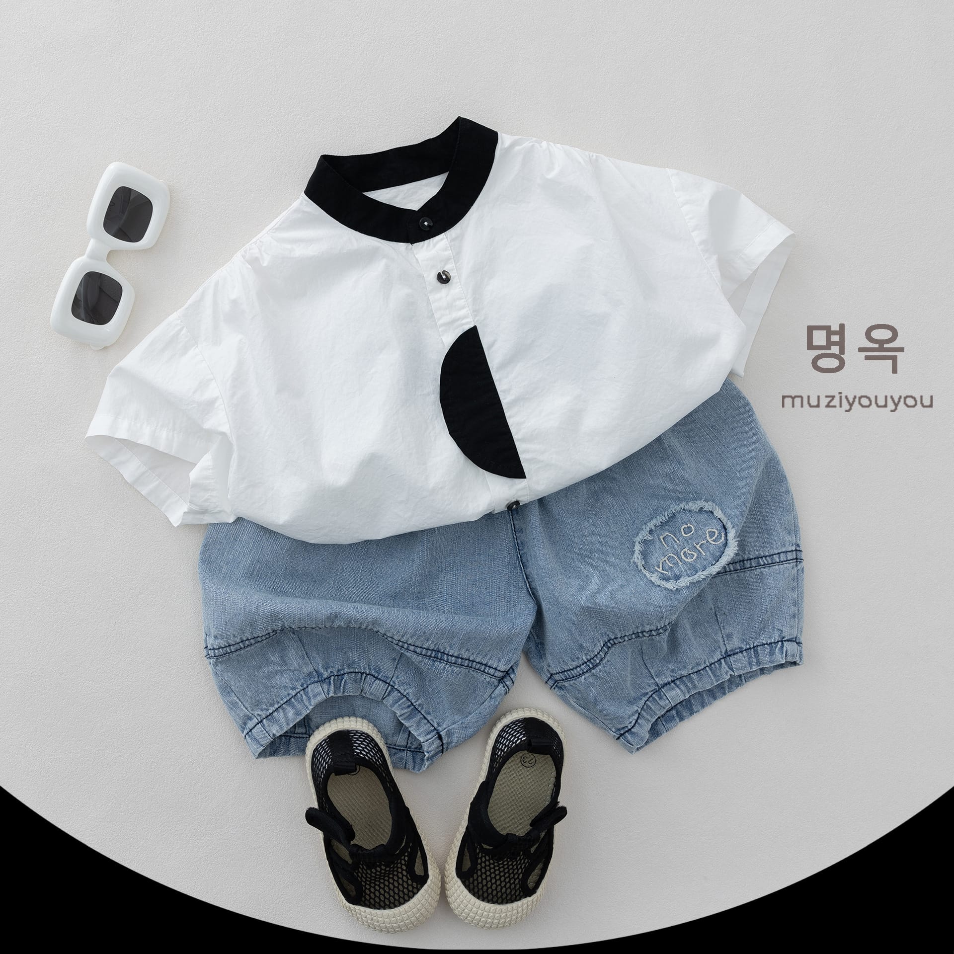 Denim Fringed-Patch Shorts バルーン ハーフパンツ【mh0013142】 명옥 muziyouyou ハーフパンツ・ショートパンツ