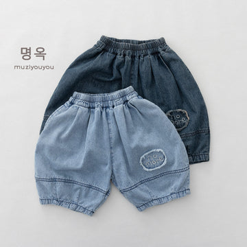 Denim Fringed-Patch Shorts バルーン ハーフパンツ【mh0013142】 명옥 muziyouyou ハーフパンツ・ショートパンツ