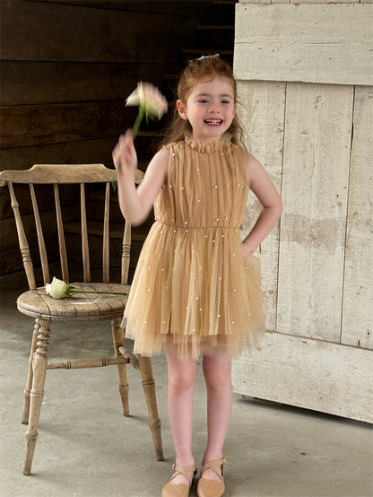 Diamond Pearl Champagne Princess Dress ビジュー チュール ノースリーブワンピース【mh0012416】 Chengle