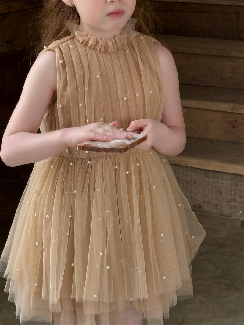 Diamond Pearl Champagne Princess Dress ビジュー チュール ノースリーブワンピース【mh0012416】 mamahalo shop