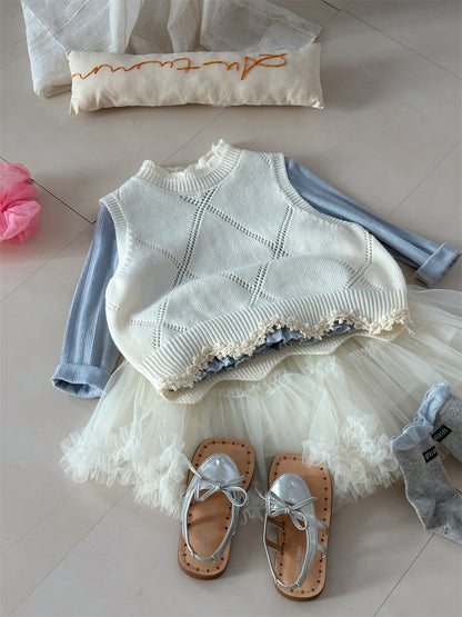 Diamond Plaid Lace Knitted Vest アーガイルチェック レース編みニットベスト【mh0012282】 Beige / 90cm Laibaobao