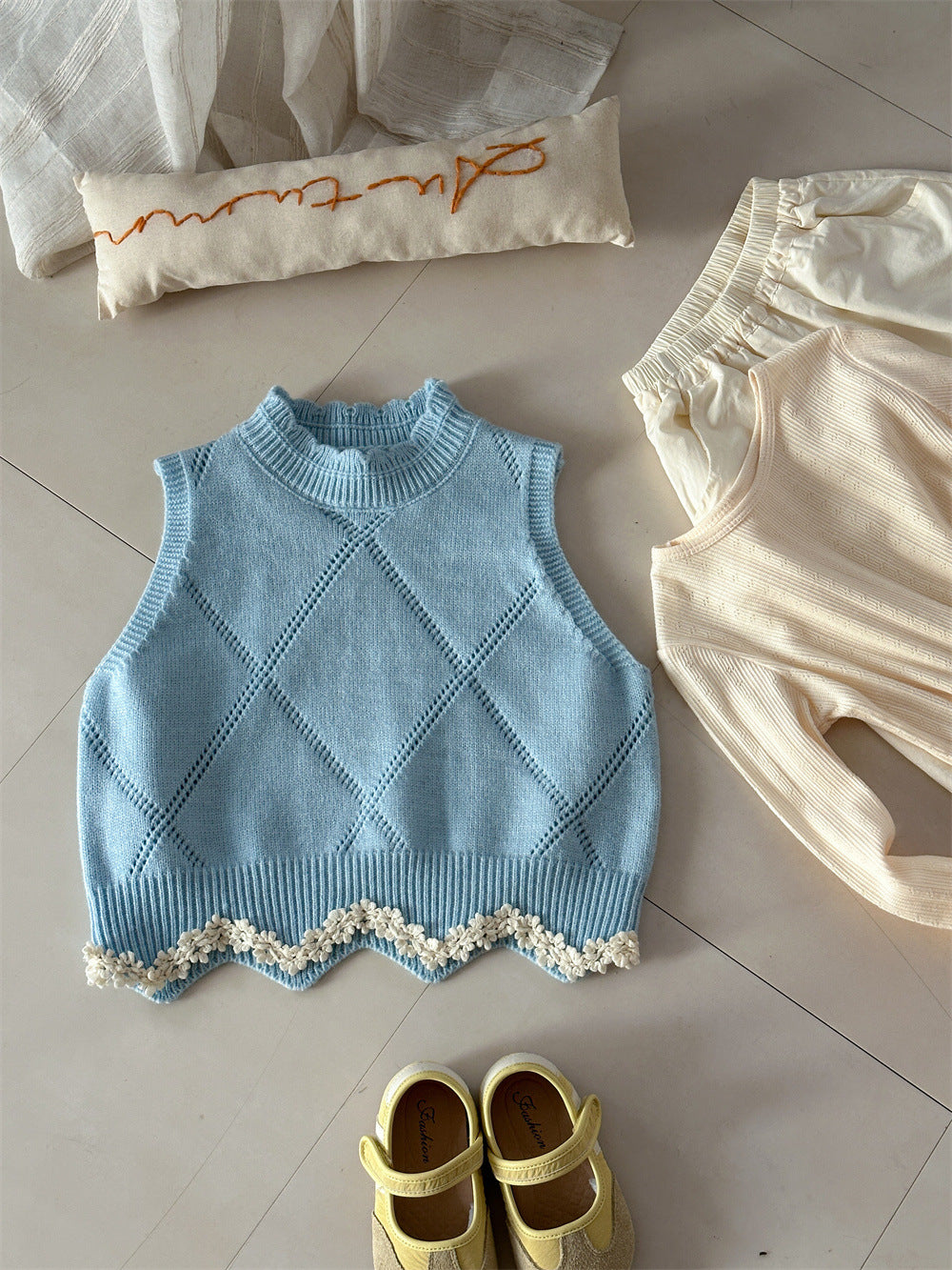 Diamond Plaid Lace Knitted Vest アーガイルチェック レース編みニットベスト【mh0012282】 Blue / 90cm Laibaobao