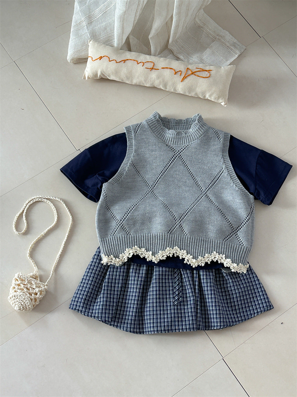 Diamond Plaid Lace Knitted Vest アーガイルチェック レース編みニットベスト【mh0012282】 Gray / 90cm Laibaobao