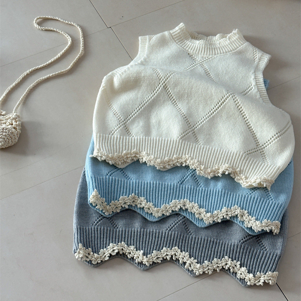 Diamond Plaid Lace Knitted Vest アーガイルチェック レース編みニットベスト【mh0012282】 Laibaobao