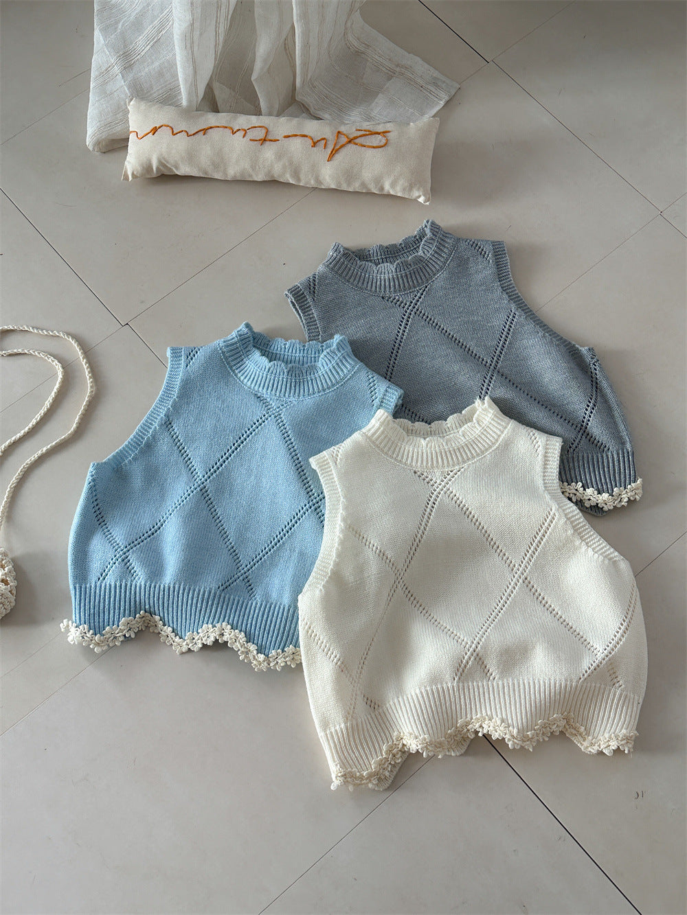 Diamond Plaid Lace Knitted Vest アーガイルチェック レース編みニットベスト【mh0012282】 Laibaobao