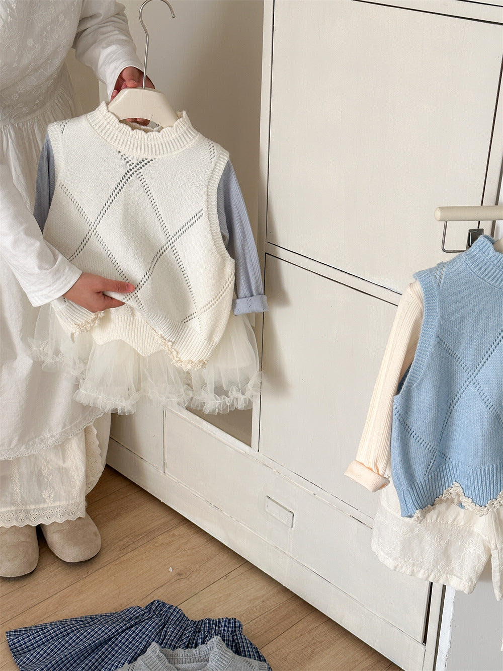 Diamond Plaid Lace Knitted Vest アーガイルチェック レース編みニットベスト【mh0012282】 Laibaobao