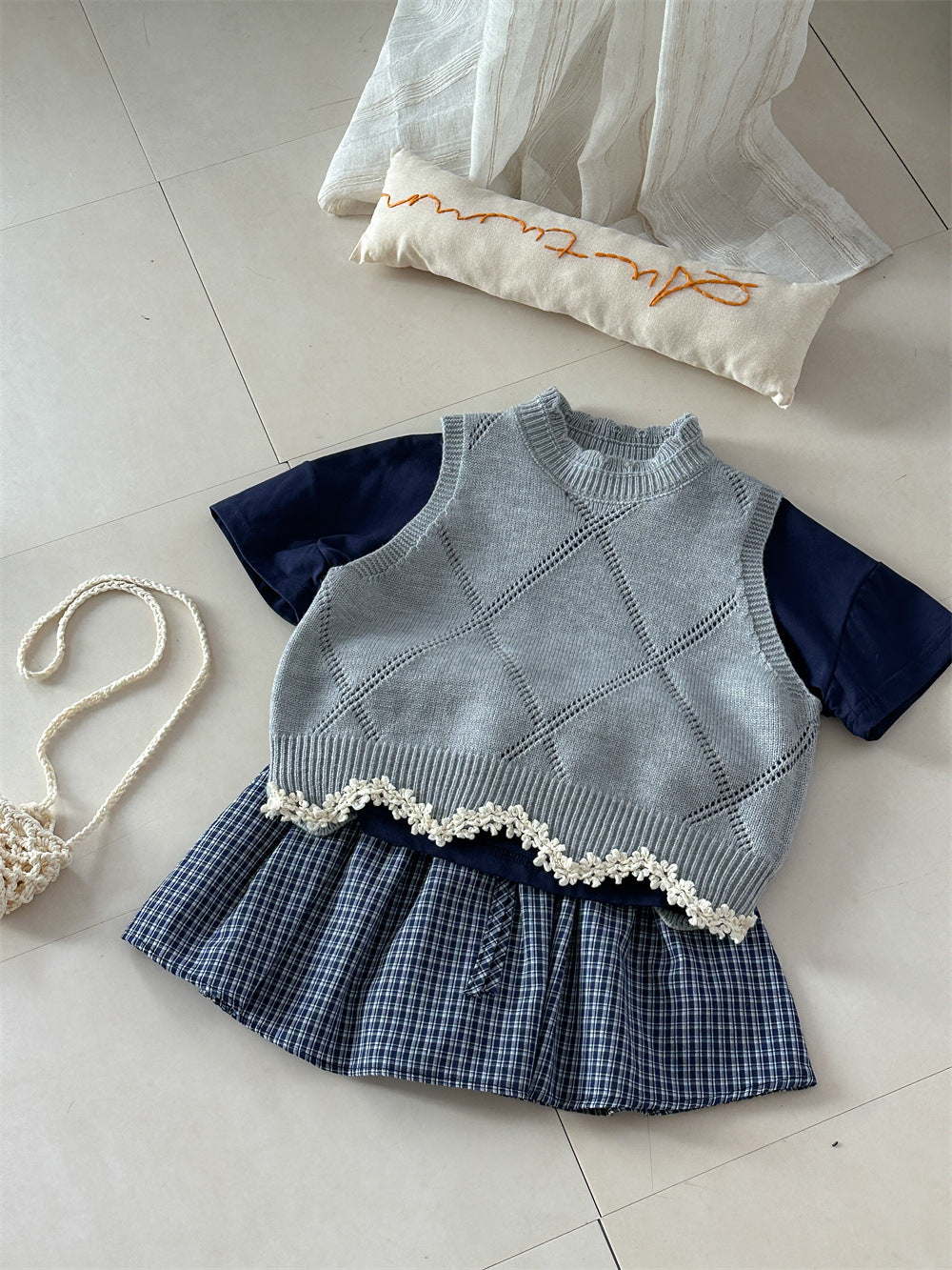 Diamond Plaid Lace Knitted Vest アーガイルチェック レース編みニットベスト【mh0012282】 Laibaobao