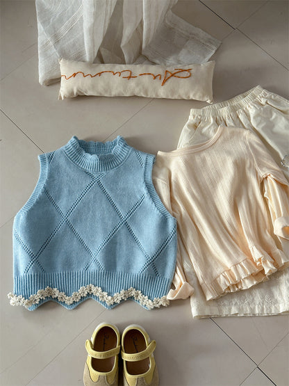 Diamond Plaid Lace Knitted Vest アーガイルチェック レース編みニットベスト【mh0012282】 Laibaobao