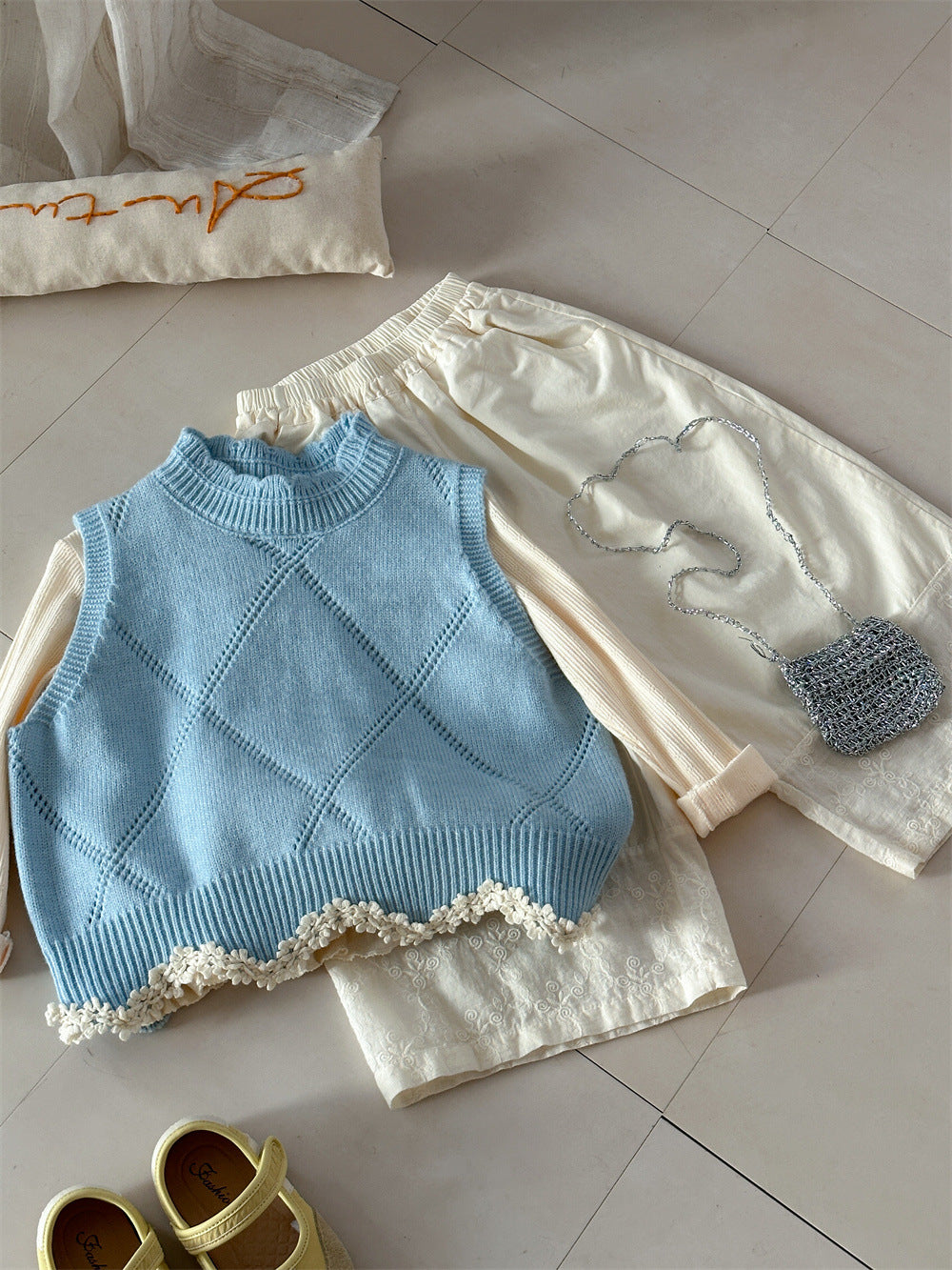 Diamond Plaid Lace Knitted Vest アーガイルチェック レース編みニットベスト【mh0012282】 Laibaobao