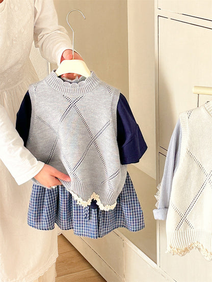 Diamond Plaid Lace Knitted Vest アーガイルチェック レース編みニットベスト【mh0012282】 Laibaobao