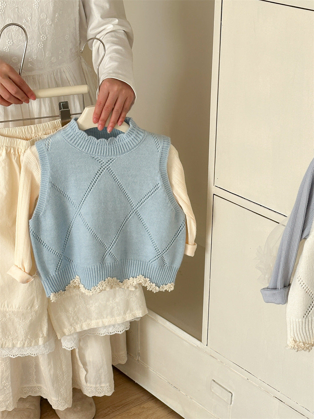 Diamond Plaid Lace Knitted Vest アーガイルチェック レース編みニットベスト【mh0012282】 Laibaobao