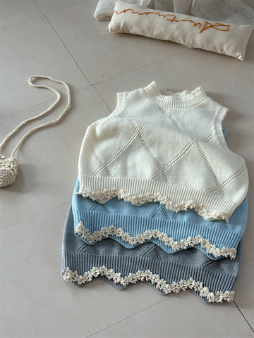 Diamond Plaid Lace Knitted Vest アーガイルチェック レース編みニットベスト【mh0012282】 Laibaobao