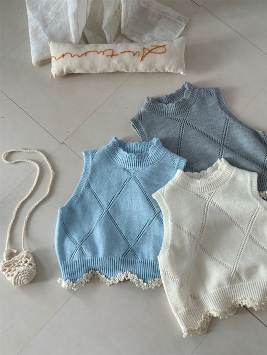 Diamond Plaid Lace Knitted Vest アーガイルチェック レース編みニットベスト【mh0012282】 Laibaobao