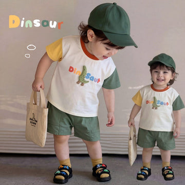 Dinosaur Cartoon Set 恐竜 刺繍 半袖Tシャツ ショートパンツ【mh0012855】 ABNN 半袖セットアップ
