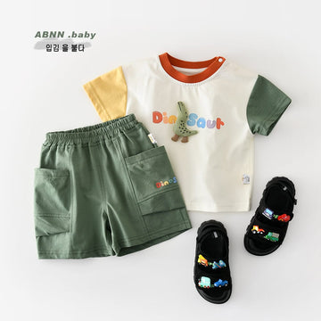 Dinosaur Cartoon Set 恐竜 刺繍 半袖Tシャツ ショートパンツ【mh0012855】 ABNN 半袖セットアップ