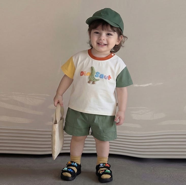 Dinosaur Cartoon Set 恐竜 刺繍 半袖Tシャツ ショートパンツ【mh0012855】 ABNN 半袖セットアップ