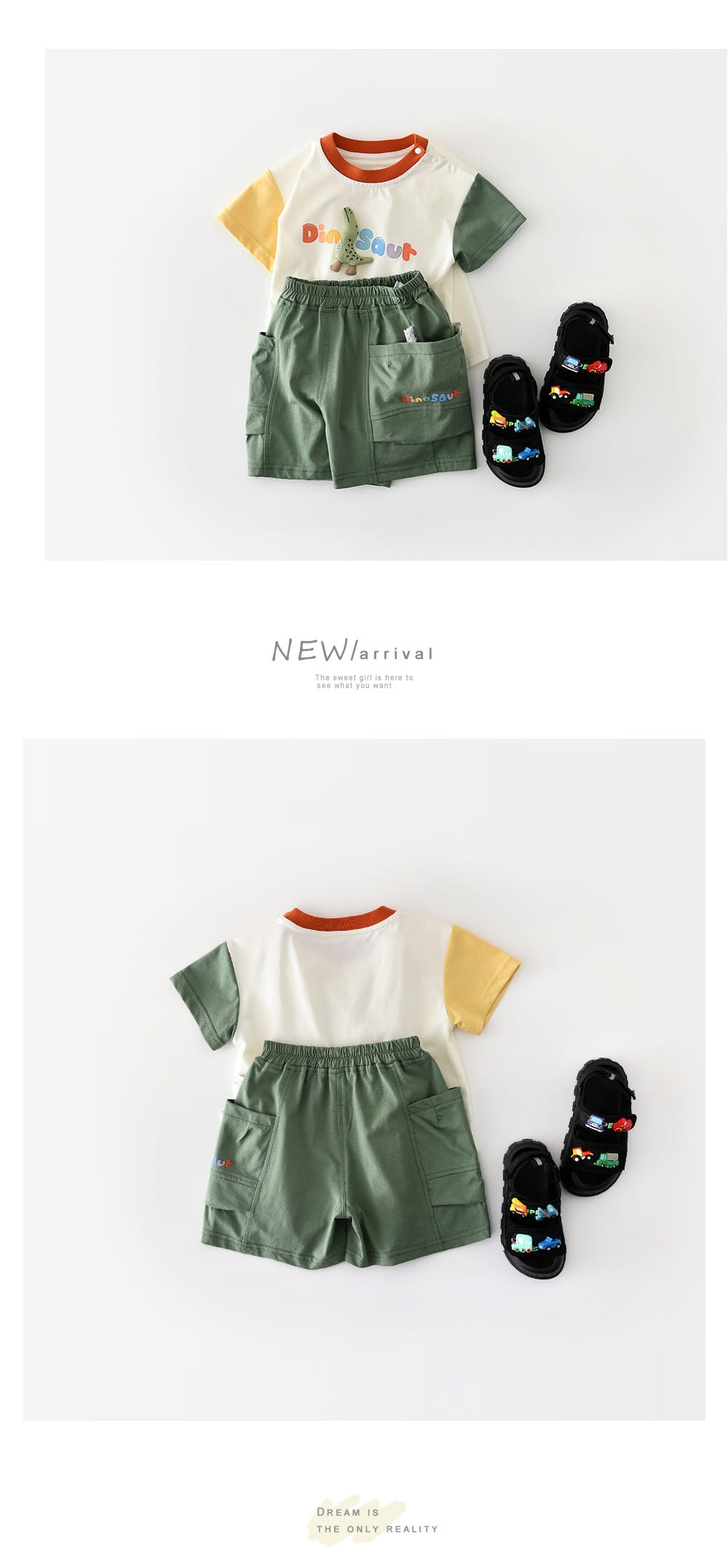 Dinosaur Cartoon Set 恐竜 刺繍 半袖Tシャツ ショートパンツ【mh0012855】 ABNN 半袖セットアップ