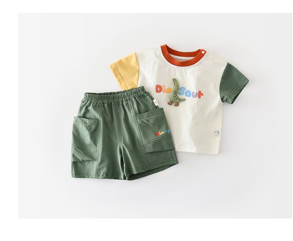 Dinosaur Cartoon Set 恐竜 刺繍 半袖Tシャツ ショートパンツ【mh0012855】 ABNN 半袖セットアップ