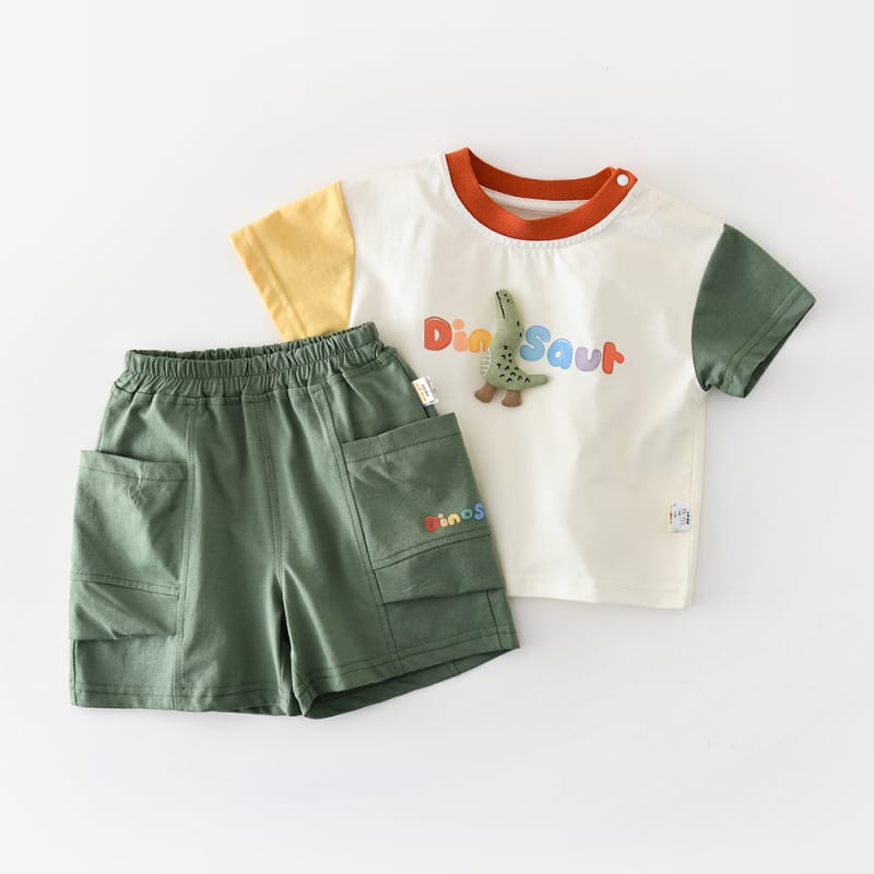 Dinosaur Cartoon Set 恐竜 刺繍 半袖Tシャツ ショートパンツ【mh0012855】 Green / 73cm ABNN 半袖セットアップ