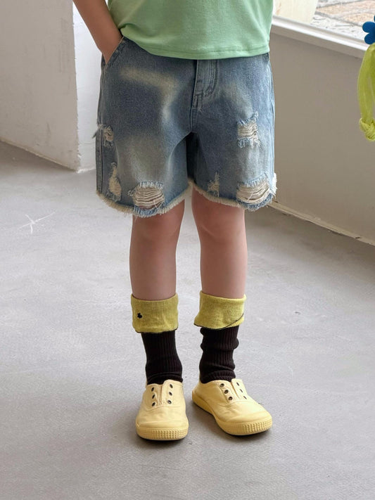 Distressed Denim Shorts フリンジ ダメージ ショートパンツ【mh0012893】 Denim Blue / 90cm Jianzidan ハーフパンツ・ショートパンツ