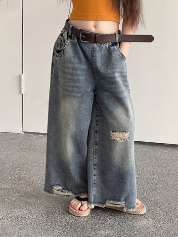 Distressed Denim Wide Pants ダメージ デニムワイドパンツ【mh0013069】 Denim Blue / 100cm mamahalo kids デニムパンツ