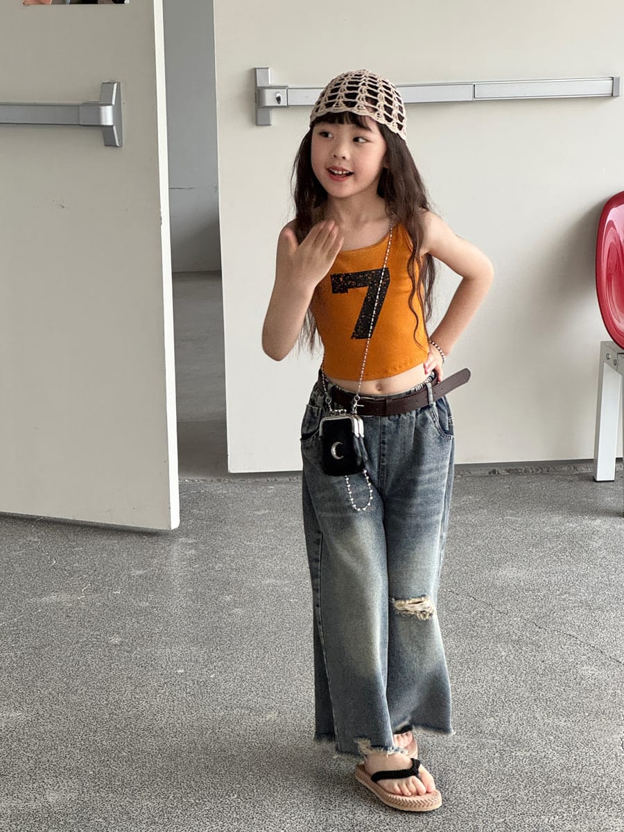 Distressed Denim Wide Pants ダメージ デニムワイドパンツ【mh0013069】 mamahalo kids デニムパンツ