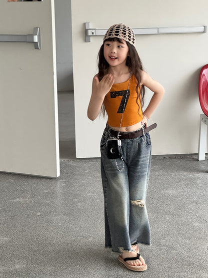Distressed Denim Wide Pants ダメージ デニムワイドパンツ【mh0013069】 mamahalo kids デニムパンツ
