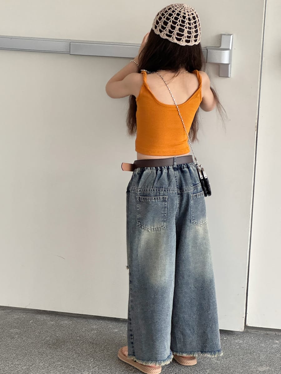 Distressed Denim Wide Pants ダメージ デニムワイドパンツ【mh0013069】 mamahalo kids デニムパンツ
