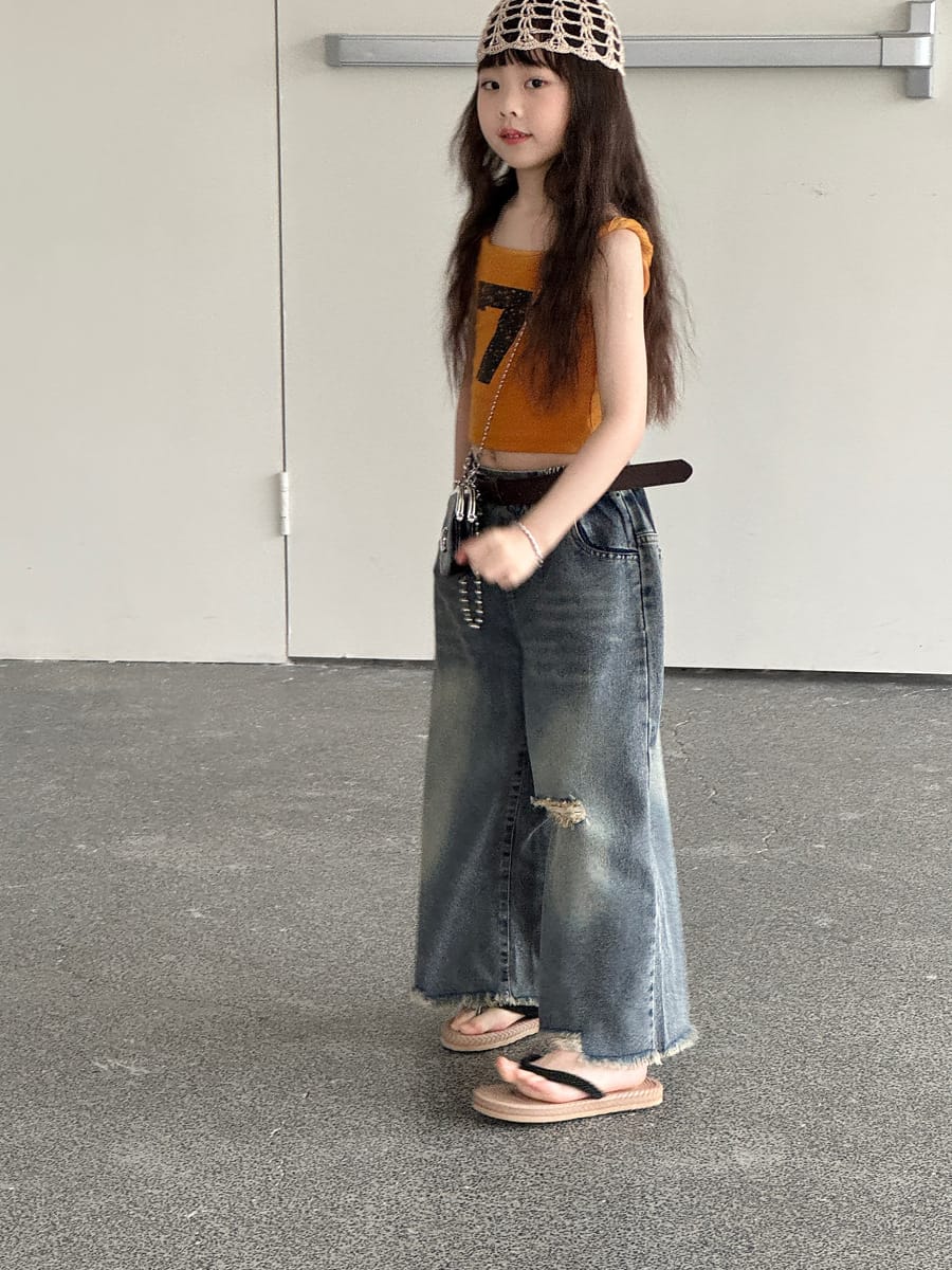 Distressed Denim Wide Pants ダメージ デニムワイドパンツ【mh0013069】 mamahalo kids デニムパンツ