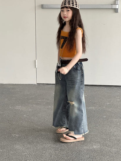 Distressed Denim Wide Pants ダメージ デニムワイドパンツ【mh0013069】 mamahalo kids デニムパンツ