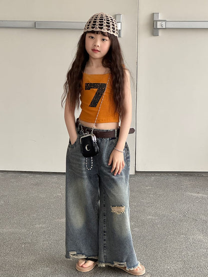 Distressed Denim Wide Pants ダメージ デニムワイドパンツ【mh0013069】 mamahalo kids デニムパンツ