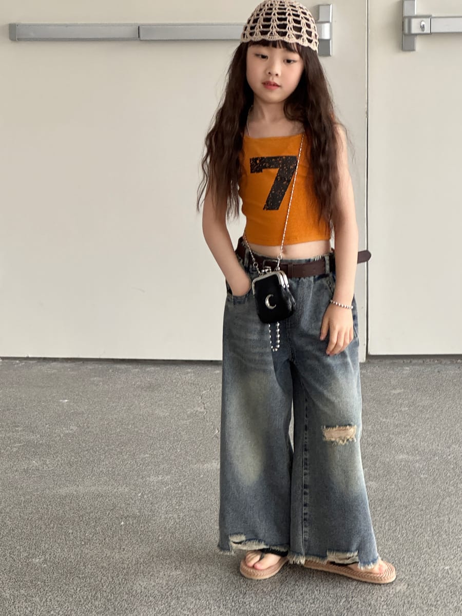 Distressed Denim Wide Pants ダメージ デニムワイドパンツ【mh0013069】 mamahalo kids デニムパンツ