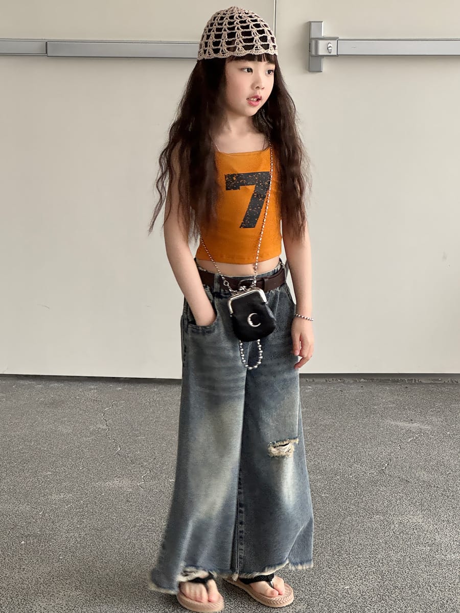 Distressed Denim Wide Pants ダメージ デニムワイドパンツ【mh0013069】 mamahalo kids デニムパンツ