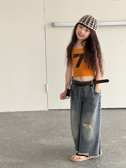 Distressed Denim Wide Pants ダメージ デニムワイドパンツ【mh0013069】 mamahalo kids デニムパンツ