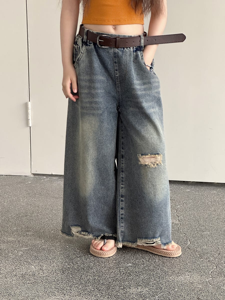 Distressed Denim Wide Pants ダメージ デニムワイドパンツ【mh0013069】 mamahalo kids デニムパンツ