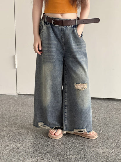Distressed Denim Wide Pants ダメージ デニムワイドパンツ【mh0013069】 mamahalo kids デニムパンツ