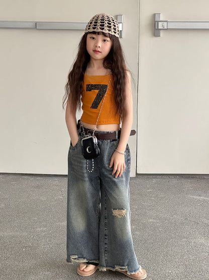 Distressed Denim Wide Pants ダメージ デニムワイドパンツ【mh0013069】 mamahalo kids デニムパンツ