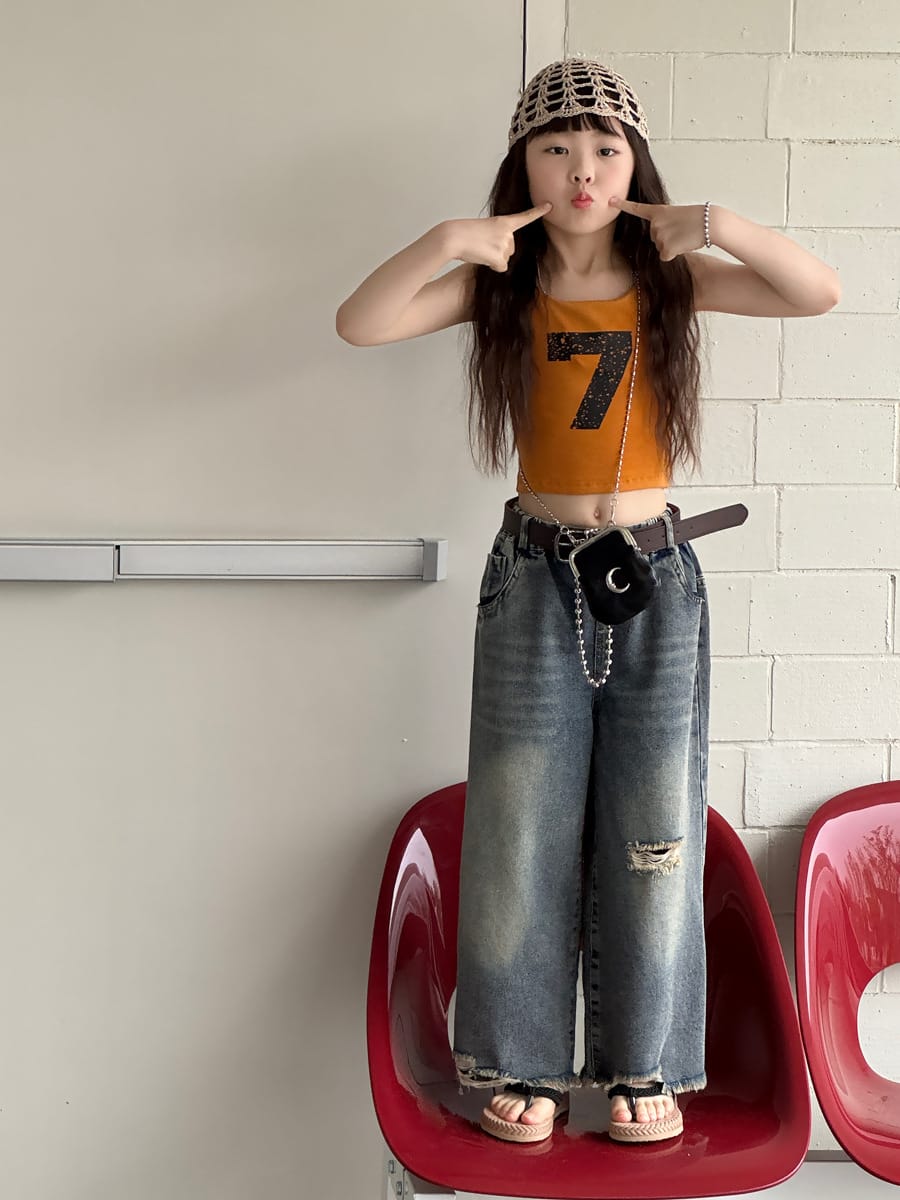 Distressed Denim Wide Pants ダメージ デニムワイドパンツ【mh0013069】 mamahalo kids デニムパンツ