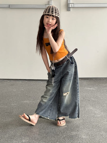 Distressed Denim Wide Pants ダメージ デニムワイドパンツ【mh0013069】 mamahalo kids デニムパンツ