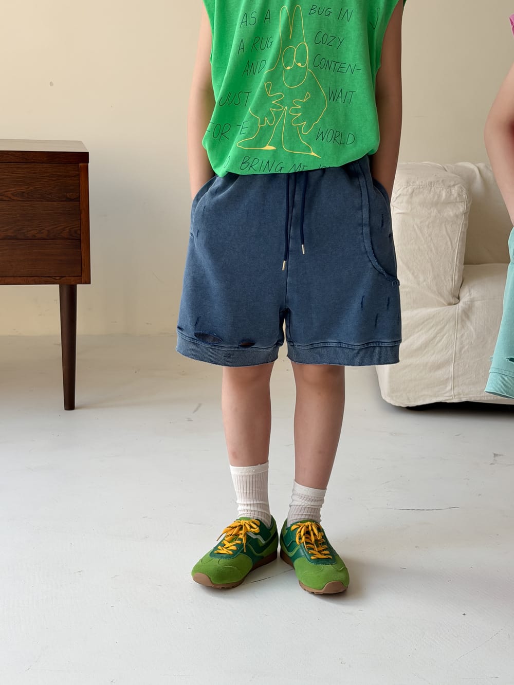 Distressed Drawstring Cotton Shorts クラッシュ ハーフパンツ【mh0013513】 Dark Blue / 100cm KUMAI.KIDS ハーフパンツ・ショートパンツ