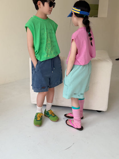 Distressed Drawstring Cotton Shorts クラッシュ ハーフパンツ【mh0013513】 KUMAI.KIDS ハーフパンツ・ショートパンツ