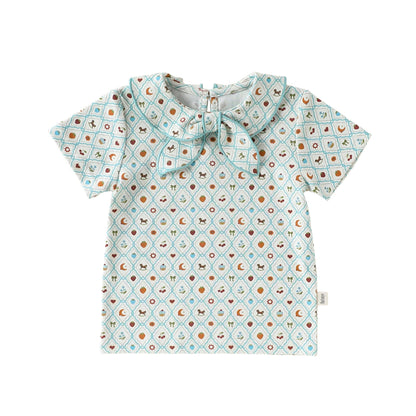 リボン襟付き半袖コットンTシャツ（水色の小紋柄）