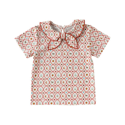 リボン襟付き半袖コットンTシャツ（赤の小紋柄、リボン付き）