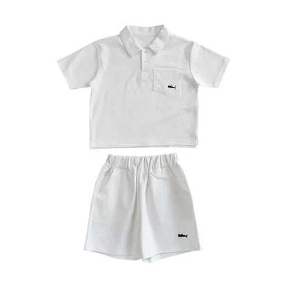 -キッズセットアップ 2点セット 半袖ポロシャツ+ショートパンツ ワンポイント刺繍 3カラー【mh0006033】 - mamahalo shop - 半袖セットアップ -  べビー服 - 子供服 - 男の子 - 女の子