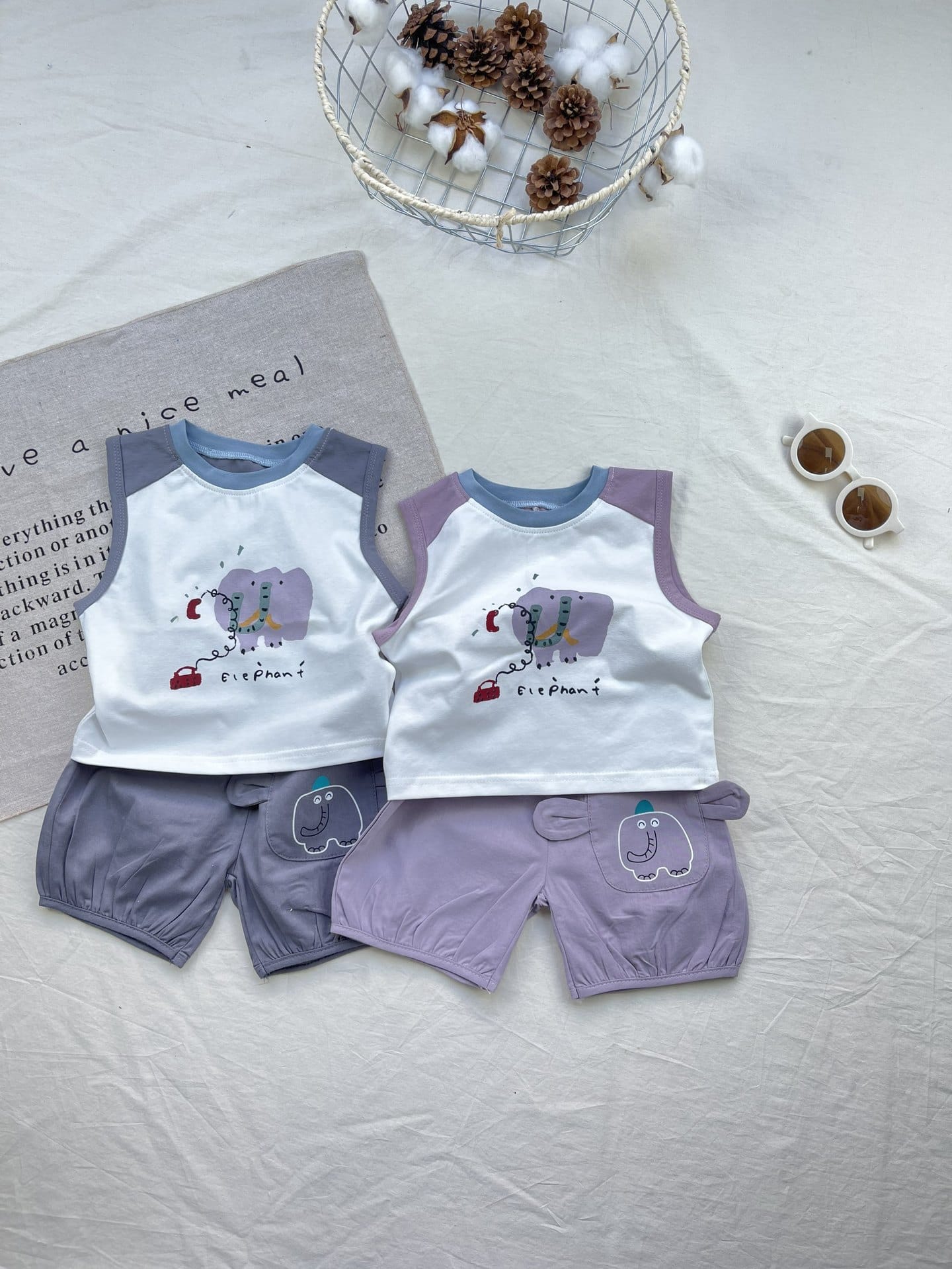 Elephant Graphic Vest Set ゾウ イラスト ノースリーブセット【mh0012916】 yi nian ni ノースリーブセットアップ