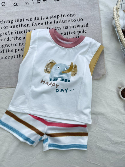 ゾウプリントのノースリーブTシャツ＆カラフルストライプショートパンツ上下セット