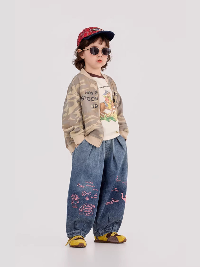 Elephant Print Wide Leg Jeans ゾウプリント ワイドデニムパンツ【mh0012393】 90cm / Denim Blue mamahalo shop