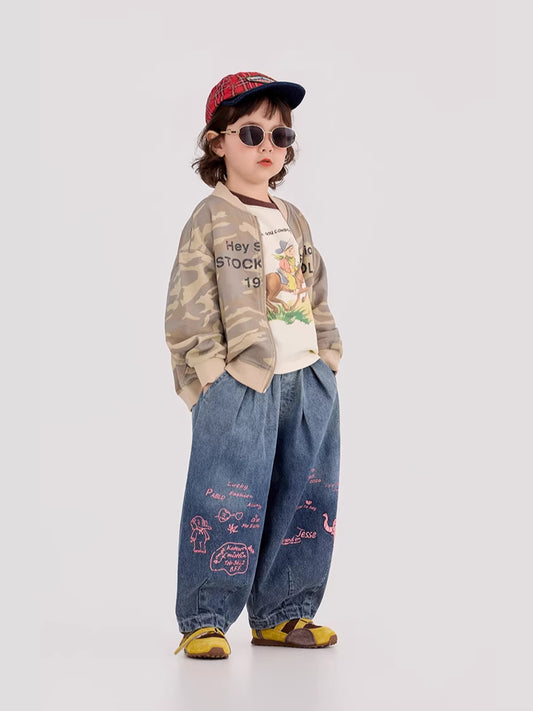 Elephant Print Wide Leg Jeans ゾウプリント ワイドデニムパンツ【mh0012393】 90cm / Denim Blue mamahalo shop