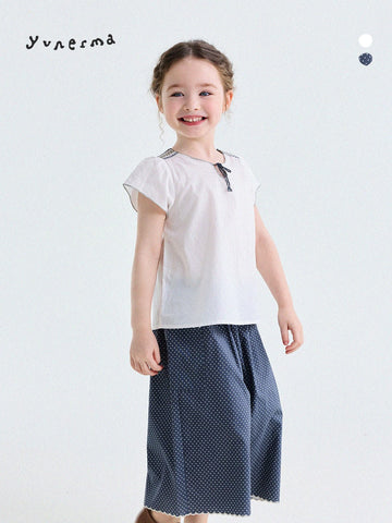 Embroidered Blouse and Polka Dot Pants スカラップ ドット柄 ブラウス ロングパンツ【mh0013194】 yunerma 半袖セットアップ