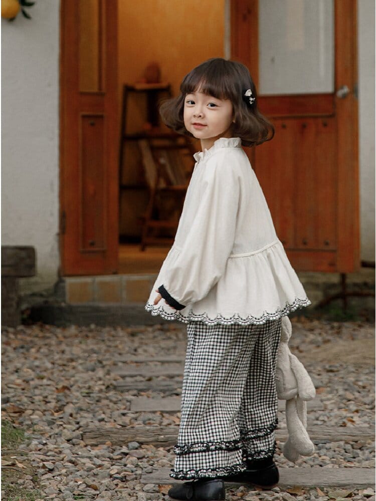 Embroidered Blouse Gingham Pants 裾刺繍 ブラウス ギンガム パンツ セットアップ【mh0012727】 YoehYaul 長袖セットアップ